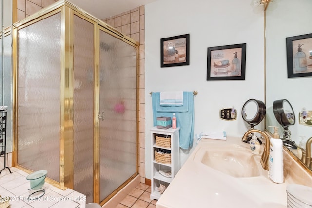 bathroom featuring tile patterned floors, vanity, and a stall shower
