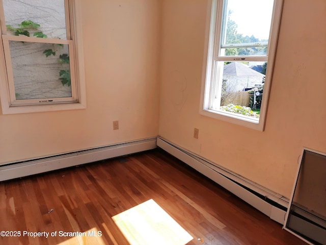 spare room with dark hardwood / wood-style flooring and baseboard heating