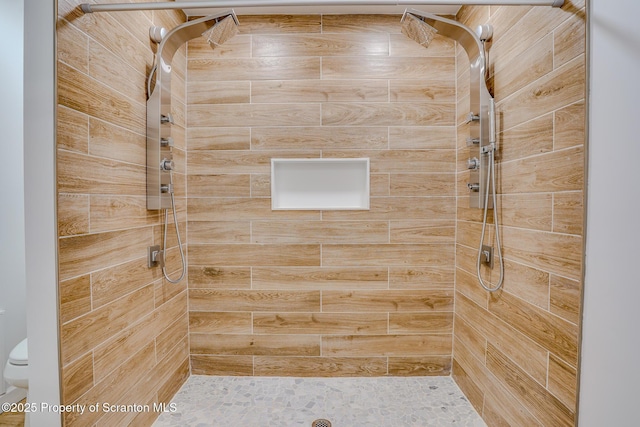 bathroom featuring a stall shower and toilet