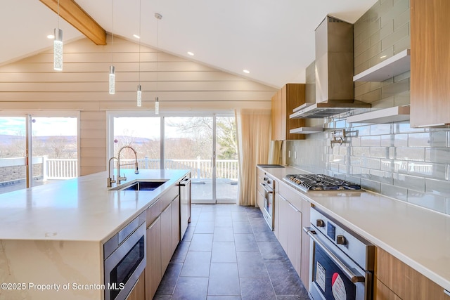 kitchen featuring a sink, modern cabinets, appliances with stainless steel finishes, and ventilation hood