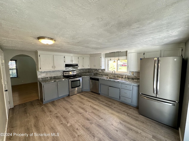 kitchen with backsplash, sink, light hardwood / wood-style flooring, gray cabinets, and stainless steel appliances