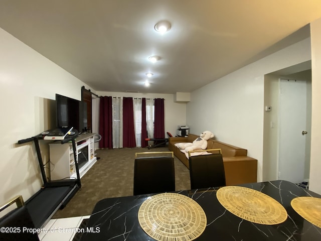 living room with dark colored carpet