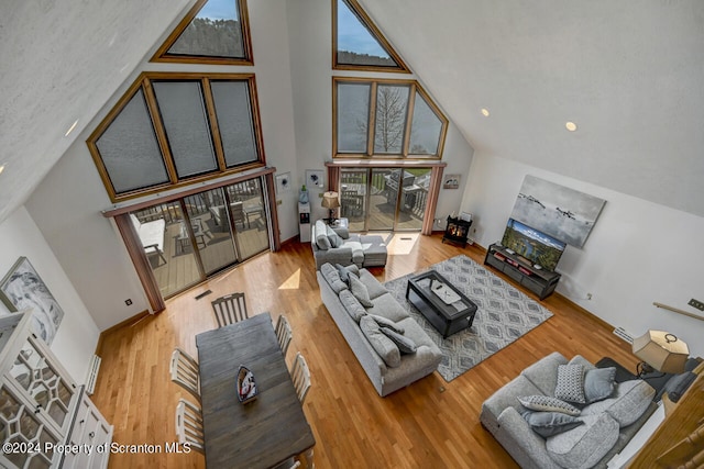 living room featuring hardwood / wood-style floors, a textured ceiling, and a high ceiling