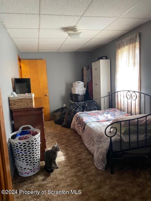 bedroom featuring a drop ceiling and dark carpet