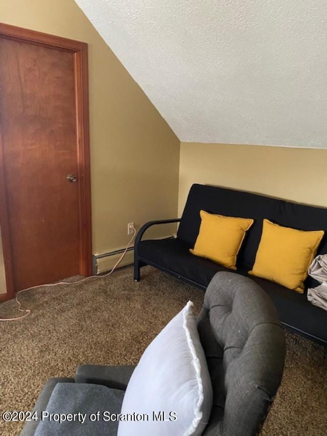 carpeted living room featuring vaulted ceiling, a baseboard radiator, and a textured ceiling