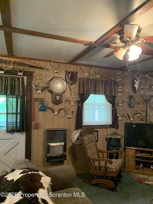 2385 Blewett Rd, Union Dale, PA 18470 - carpeted living area with heating unit, plenty of natural light, and ceiling fan