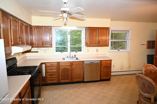 kitchen with sink, stainless steel dishwasher, ceiling fan, baseboard heating, and black gas range oven