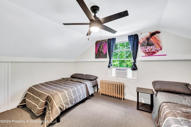 carpeted bedroom with ceiling fan, cooling unit, radiator heating unit, and lofted ceiling