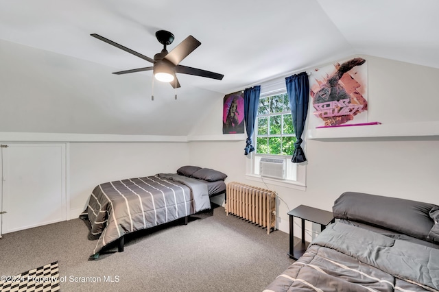 bedroom with carpet flooring, ceiling fan, radiator heating unit, cooling unit, and lofted ceiling