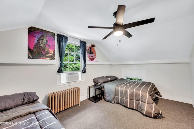 bedroom featuring carpet flooring, radiator heating unit, ceiling fan, and lofted ceiling