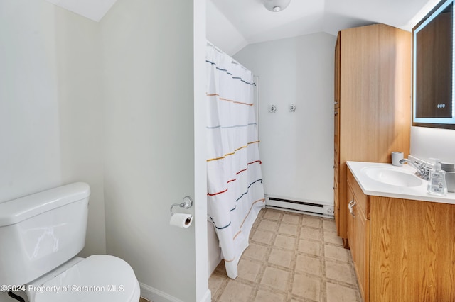 bathroom featuring vanity, vaulted ceiling, a baseboard radiator, toilet, and curtained shower