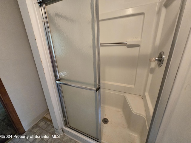 bathroom featuring a shower with shower door