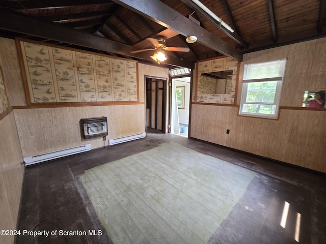 empty room with wooden ceiling, baseboard heating, and wooden walls