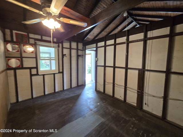 garage with ceiling fan and wood ceiling