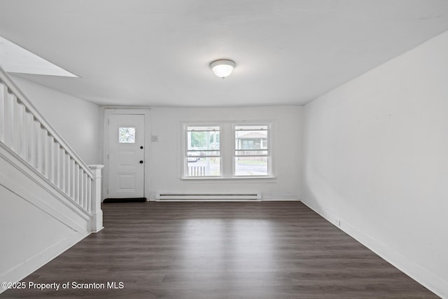 121 Throop St, Scranton, PA 18508 - entrance foyer featuring baseboard heating, stairway, wood finished floors, and baseboards