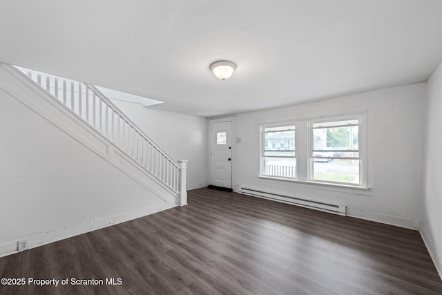 121 Throop St, Scranton, PA 18508 - foyer entrance with a baseboard radiator, stairway, dark wood finished floors, and baseboards