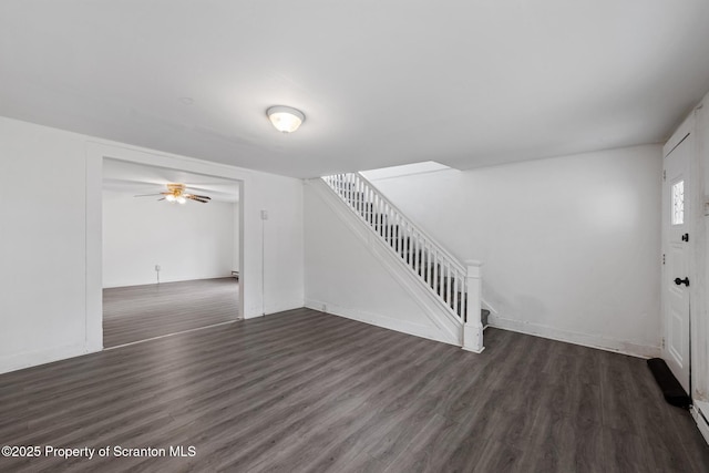 121 Throop St, Scranton, PA 18508 - unfurnished living room with wood finished floors, stairway, baseboards, and ceiling fan