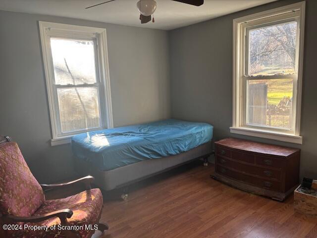 bedroom featuring multiple windows, ceiling fan, and hardwood / wood-style floors