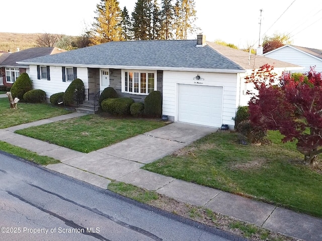 ranch-style house with a front lawn, driveway, a garage, and a chimney