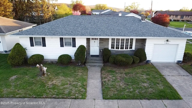 ranch-style house with a front yard, a shingled roof, and a garage