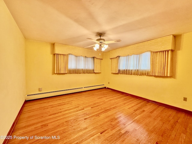 spare room with ceiling fan, baseboard heating, wood finished floors, and baseboards