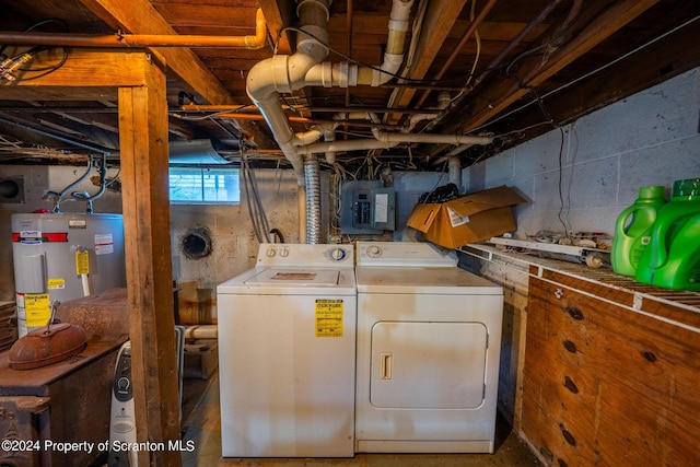 laundry area featuring separate washer and dryer, water heater, and electric panel