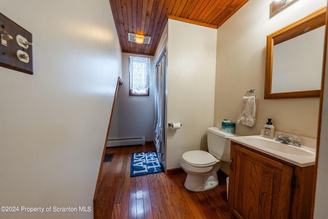 bathroom with vanity, baseboard heating, wooden ceiling, hardwood / wood-style floors, and toilet