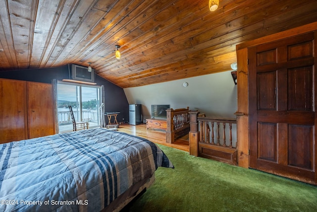 bedroom with carpet flooring, wooden ceiling, and vaulted ceiling