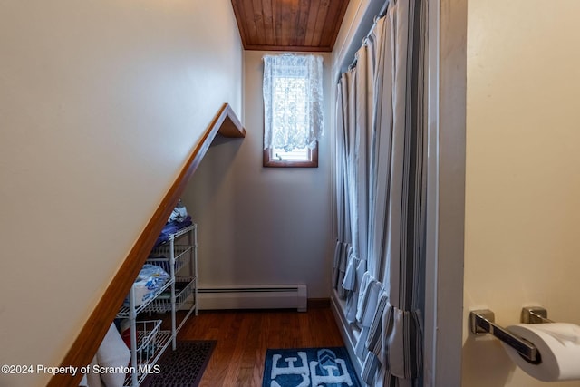 interior space with hardwood / wood-style flooring, wooden ceiling, and a baseboard heating unit