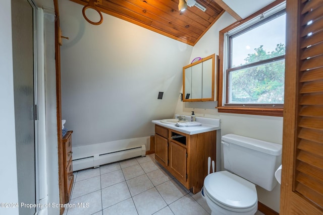 bathroom with vanity, a baseboard heating unit, wooden ceiling, toilet, and lofted ceiling