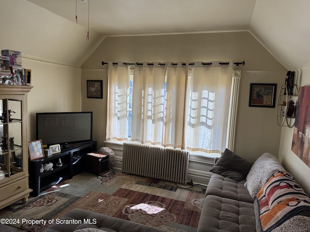 living room with radiator, plenty of natural light, and vaulted ceiling