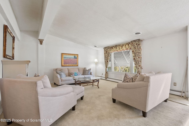 living room with visible vents, light colored carpet, a textured ceiling, and a baseboard radiator