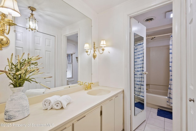 full bathroom with vanity, visible vents, ornamental molding, tile patterned flooring, and shower / bath combo with shower curtain