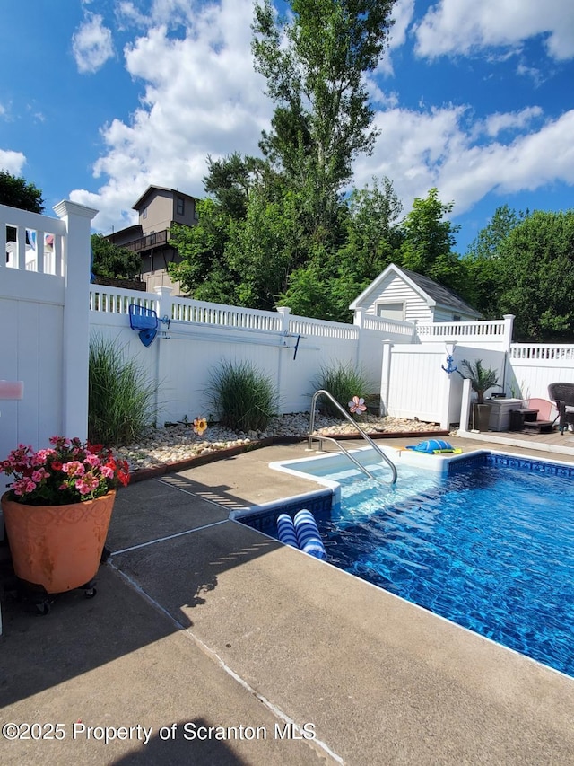 view of swimming pool with a patio area, a fenced backyard, and a fenced in pool