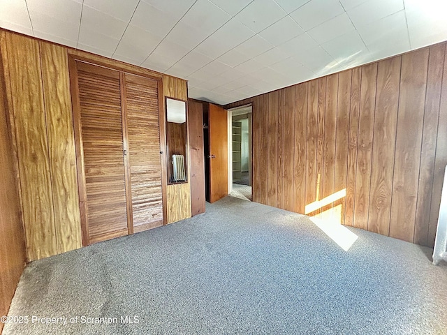 spare room featuring carpet floors and wood walls