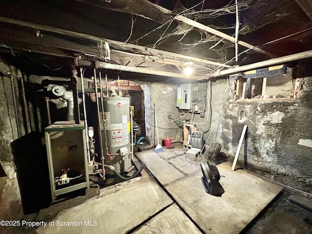 unfinished below grade area with gas water heater and electric panel
