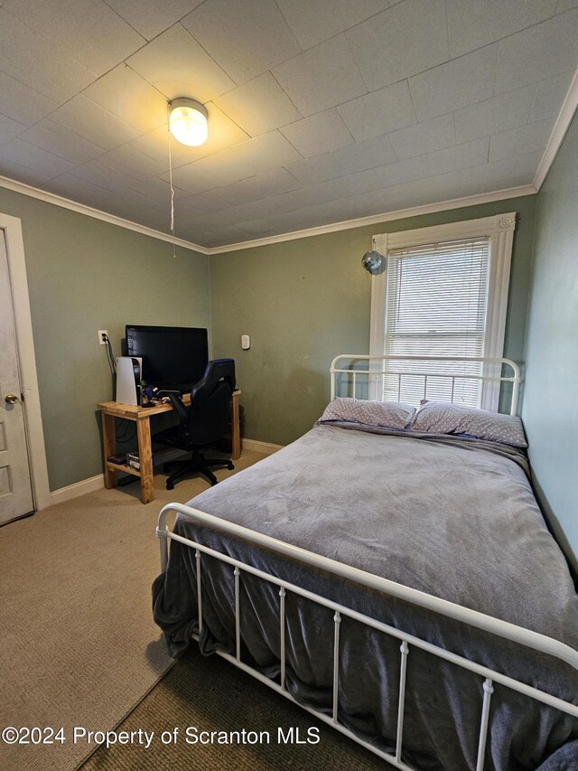 bedroom featuring carpet flooring and ornamental molding