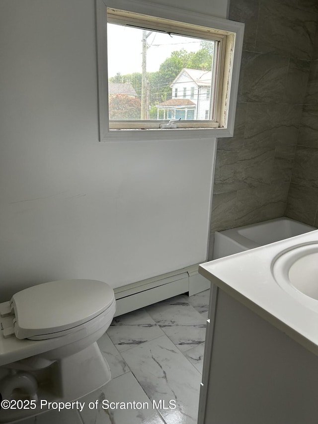 210 Gorham Ave, Mayfield, PA 18433 - bathroom with plenty of natural light, vanity, a baseboard radiator, and marble look tile flooring
