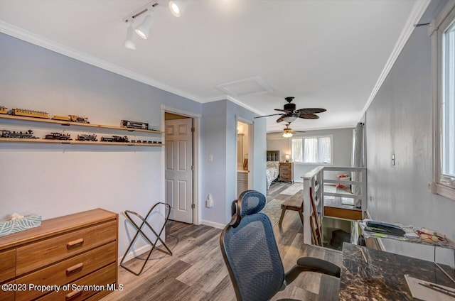 266 Warren Park Rd, New Milford, PA 18834 - office space featuring ceiling fan, light wood-style flooring, attic access, ornamental molding, and baseboards