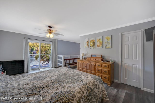 266 Warren Park Rd, New Milford, PA 18834 - bedroom with dark wood-style flooring, ornamental molding, access to outside, baseboards, and ceiling fan