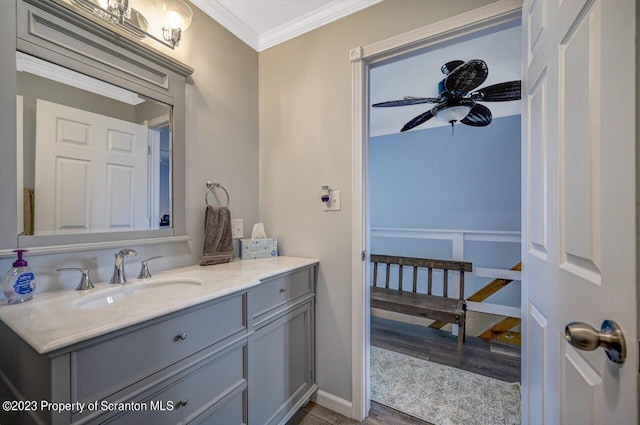 266 Warren Park Rd, New Milford, PA 18834 - bathroom with vanity, ornamental molding, wood finished floors, and ceiling fan