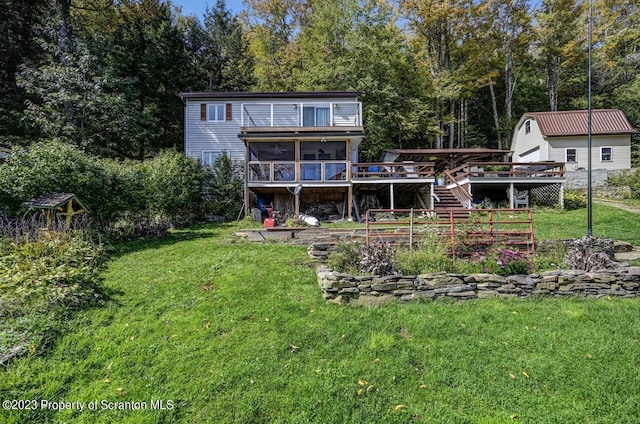 266 Warren Park Rd, New Milford, PA 18834 - back of house with a wooden deck, a yard, and stairway