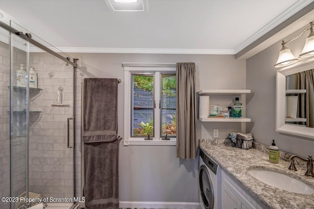 266 Warren Park Rd, New Milford, PA 18834 - full bathroom with washer / clothes dryer, vanity, crown molding, and a stall shower