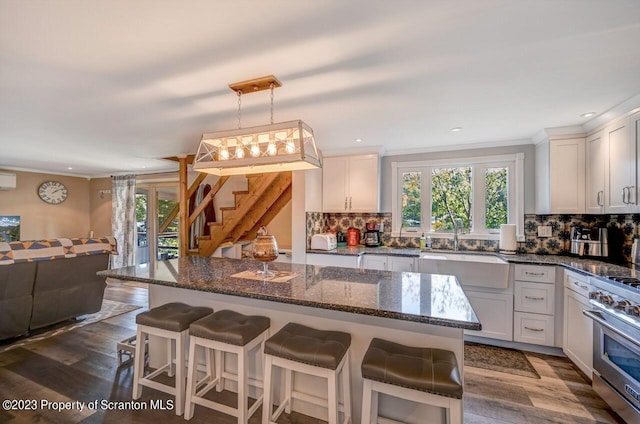 266 Warren Park Rd, New Milford, PA 18834 - kitchen with a sink, dark wood-type flooring, high end stainless steel range, recessed lighting, and backsplash
