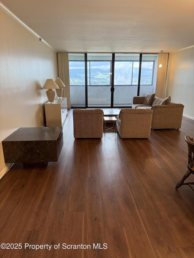 550 Clay Ave Unit 8C, Scranton, PA 18510 - living area with dark wood-style flooring, floor to ceiling windows, plenty of natural light, and crown molding