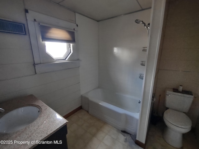 bathroom featuring toilet, shower / tub combination, visible vents, and vanity