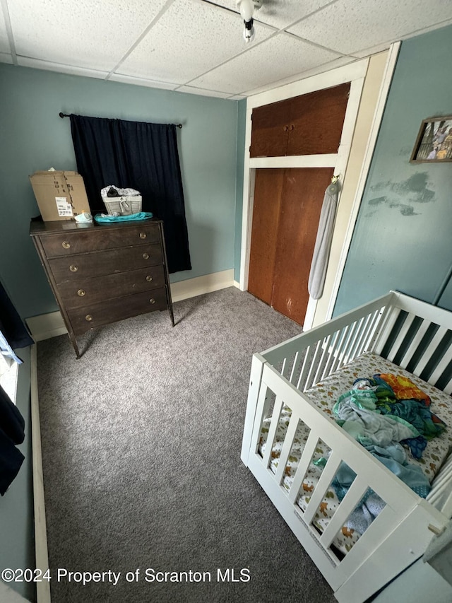 bedroom featuring carpet flooring and a drop ceiling