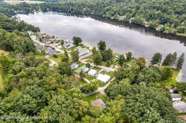 bird's eye view with a residential view, a water view, and a view of trees