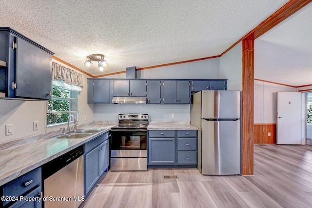 kitchen featuring lofted ceiling, appliances with stainless steel finishes, ornamental molding, under cabinet range hood, and a sink