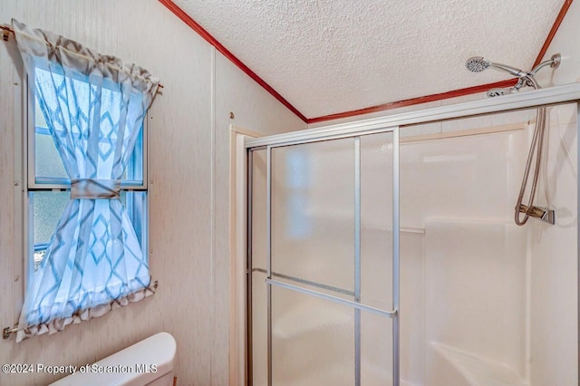 bathroom featuring lofted ceiling, toilet, ornamental molding, a textured ceiling, and walk in shower